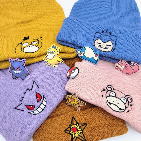 Embroidered Poke Beanie - Gengar, Psyduck, Slowpoke, Snorlax, Cute, Retro, Gen1